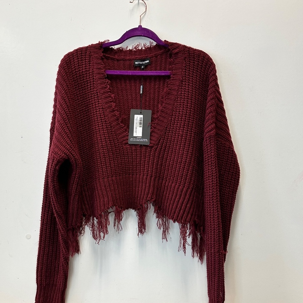 NWT PrettyLittleThing Fringe Sweater Jumper Distressed Rust Size S Small - Picture 2 of 12